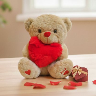 Red heart hugging small teddy